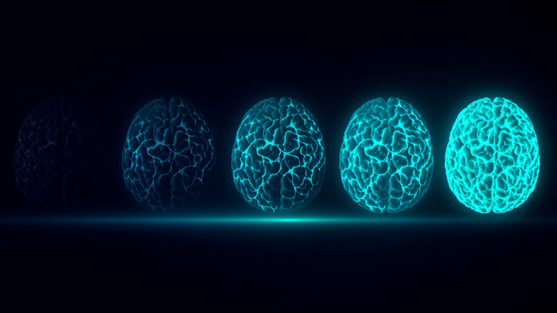 Concussion recovery timeline illustrated as five brains growing progressively brighter over several weeks