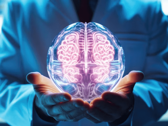 Hands holding a glowing brain hologram representing multi-target approaches to concussion recovery