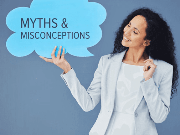 Woman pointing to a speech bubble with myths and misconceptions text about concussions