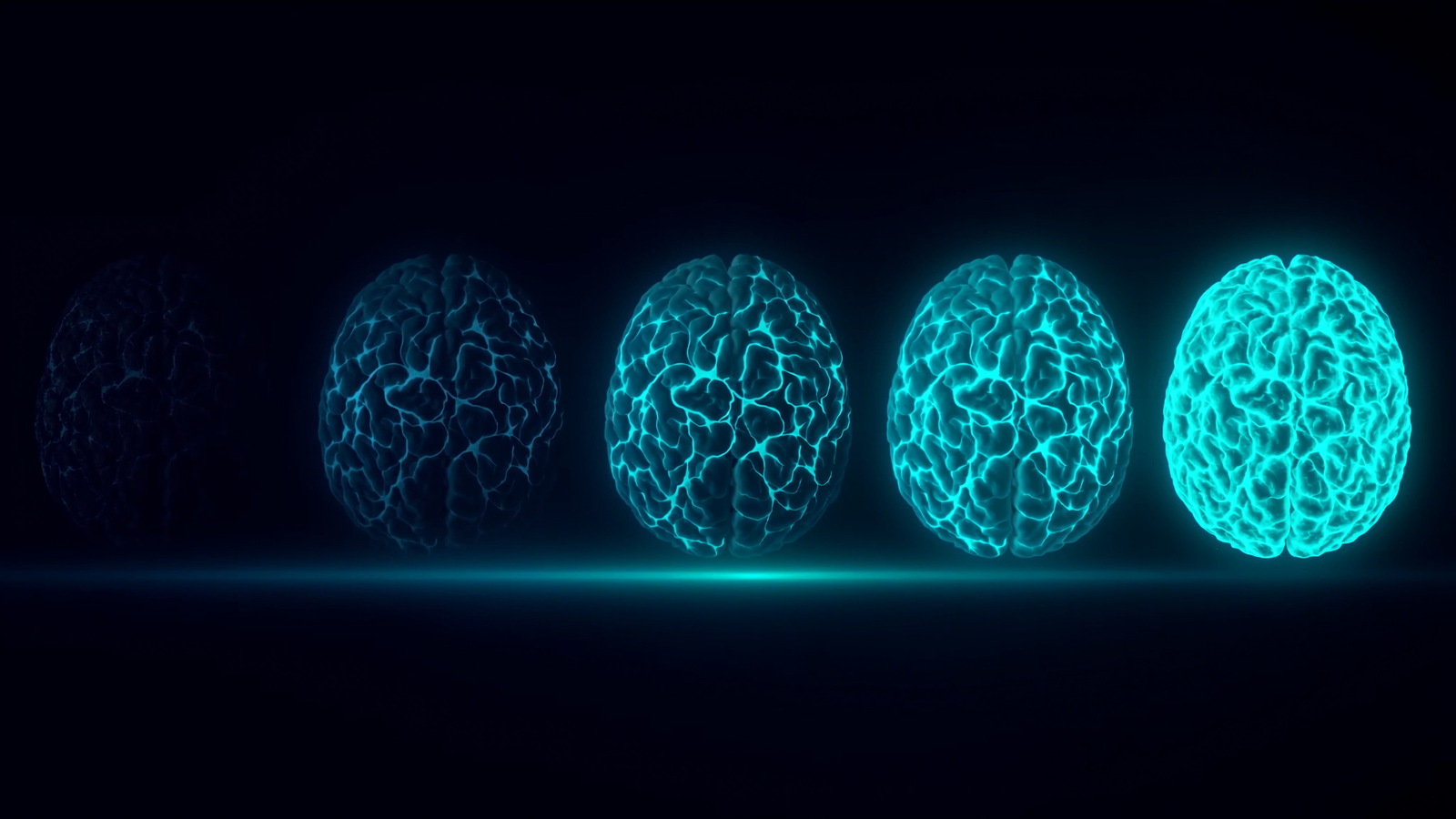 Concussion recovery timeline illustrated as five brains growing progressively brighter over several weeks